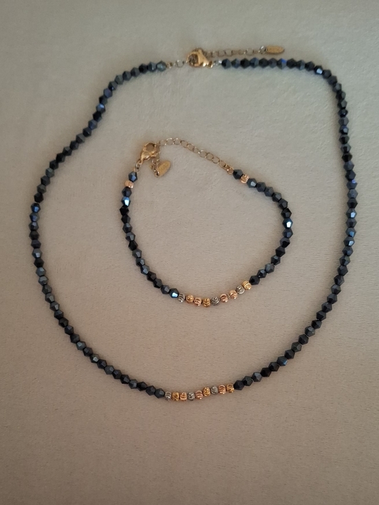 Jewelry - Elegant Dark Blue Faceted Bead Necklace and Bracelet Set with Gold Accents